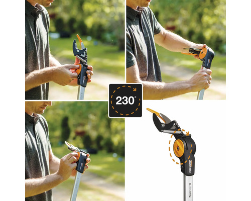 Viacnásobný pohľad na nožnice na konáre Fiskars PowerGear X s hlavou otočnou o 230 stupňov.