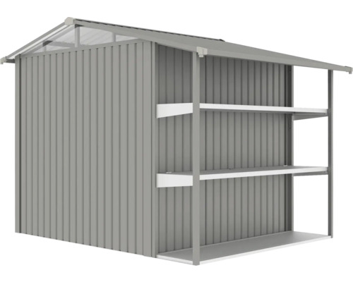 Kovový záhradný domček s policami na uskladnenie záhradného náradia