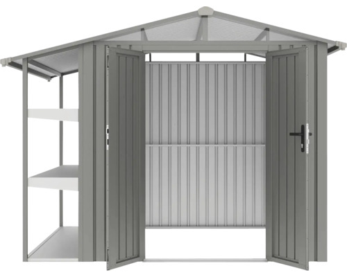 Kovový záhradný domček s dvojkrídlovými dverami a policami