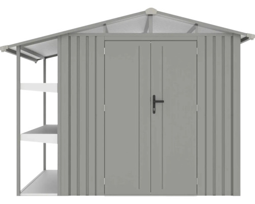 Kovový záhradný domček s dvojkrídlovými dverami a policami