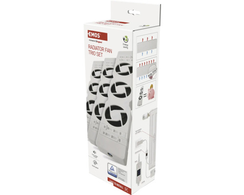 Sada troch ventilátorov radiátora Emos v obale produktu
