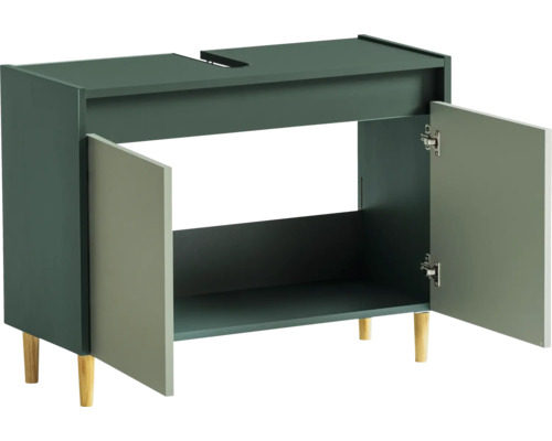 Skrinka pod umývadlo s dvomi otvorenými dvierkami a drevenými nohami