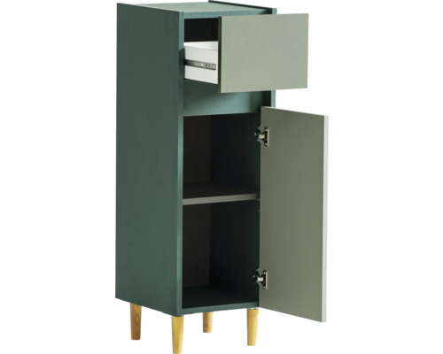 Vysoká skrinka so zásuvkou, otvorenými dverami a policami