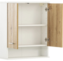 Otvorená biela závesná skrinka s dvoma policami a drevenými dvierkami