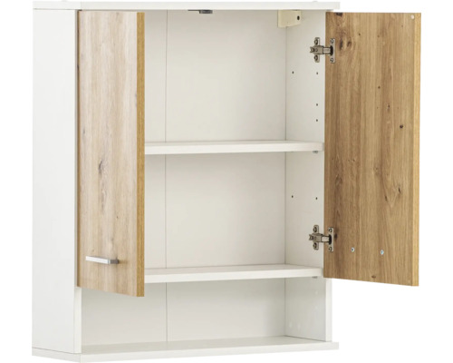 Otvorená biela závesná skrinka s dvoma policami a drevenými dvierkami