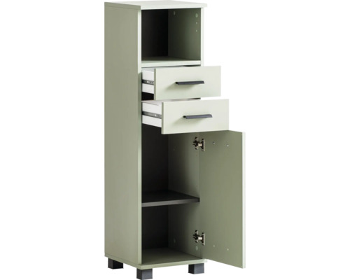 Kúpeľňová skrinka s dvomi zásuvkami, otvorenou priehradkou a dverami