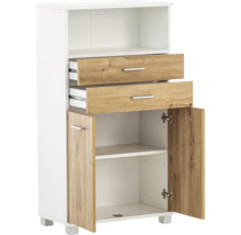 Vysoká skrinka s dvomi zásuvkami a dvomi otvorenými dverami