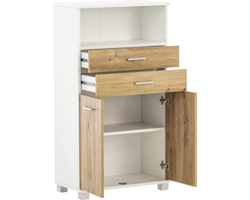 Vysoká skrinka s dvomi zásuvkami a dvomi otvorenými dverami