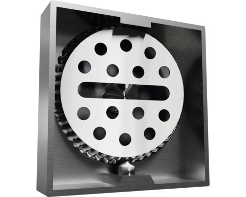 Krájač s okrúhlym nožom s otvormi a štrbinou v kovovom puzdre.