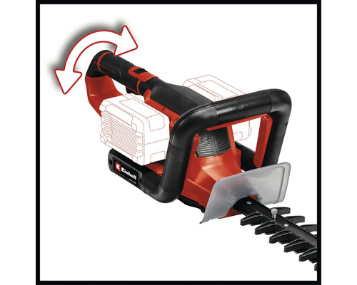 Akumulátorové nožnice na živý plot Einhell s otočnou rukoväťou pre flexibilné strihanie.