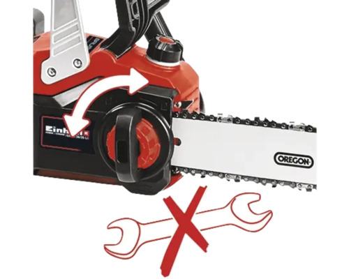Jednoručná reťazová píla so šípkou ukazujúcou rotačný pohyb a symbolom, že nie je potrebné žiadne náradie