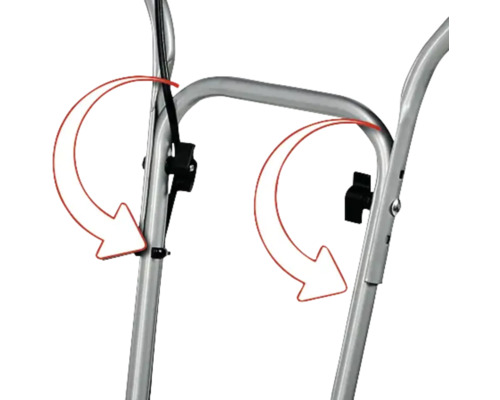 Detailný pohľad na skladací transportný vozík s indikačnými šípkami pre ovládanie.