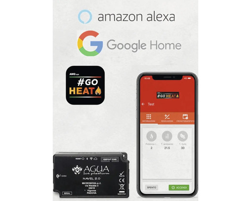 Obrázok produktu s kompatibilitou Amazon Alexa a Google Home, aplikácia #Go Heat, platforma Aqua Iot a rozhranie aplikácie pre smartfóny.