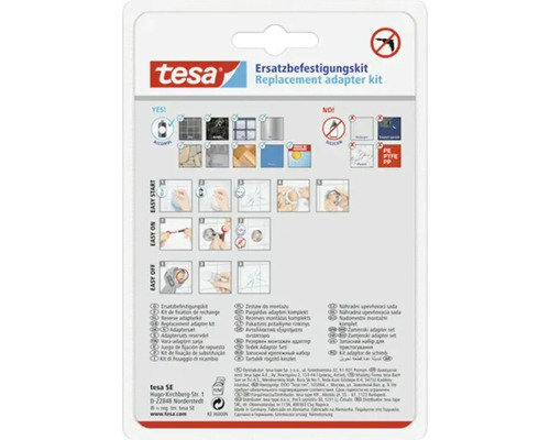Tesa náhradná upevňovacia súprava obal produktu s informáciami o použití a vhodných povrchoch