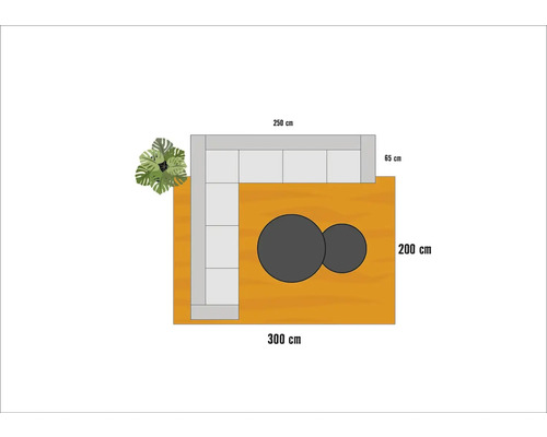 Ilustrácia obývacej izby s rohovou sedačkou, konferenčnými stolíkmi a izbovou rastlinou s rozmermi