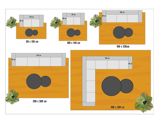 Rôzne veľkosti vonkajších kobercov s nábytkom a rastlinami
