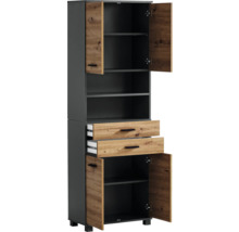 Vysoká skrinka s policami, zásuvkami a dvierkami v drevenom dekore