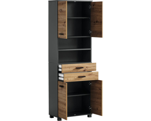 Vysoká skrinka s policami, zásuvkami a dvierkami v drevenom dekore