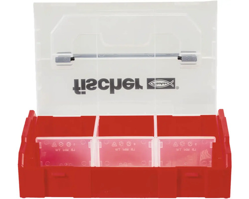 Červený úložný box s priehľadným vekom a tromi priehradkami