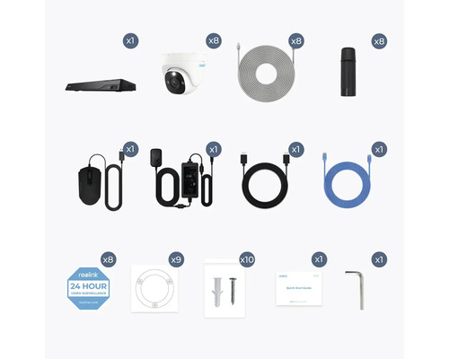 Súčasti monitorovacieho systému Reolink, vrátane monitorovacej kamery, sieťového kábla a montážneho príslušenstva