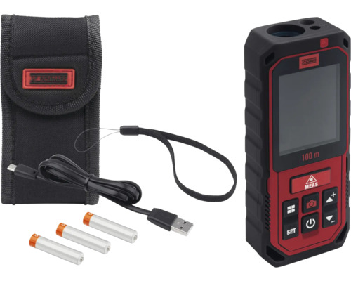 Laserový merač vzdialenosti s príslušenstvom, vrátane puzdra, USB kábla a batérií