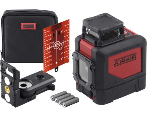 Krížový čiarový laser J.C. Schwarz s cieľovou doskou, držiakom, batériami a prepravnou taškou