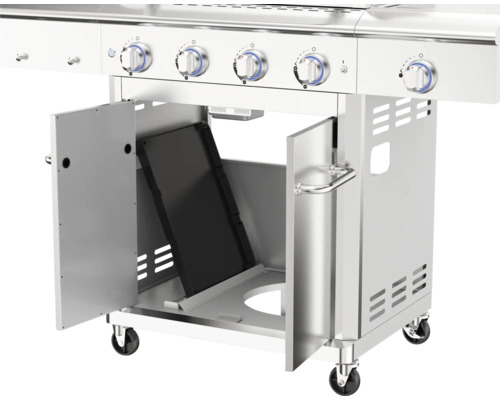 Nerezový gril s otvorenými dvierkami a kolieskami