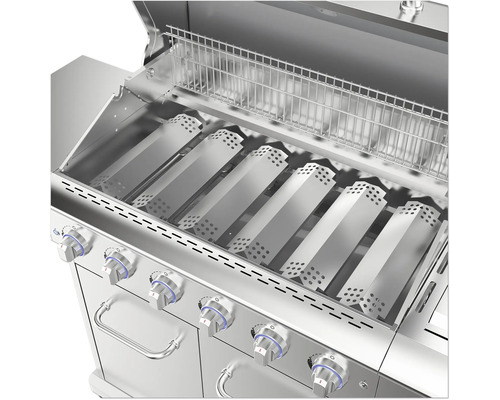 Vnútorný pohľad na nerezový plynový gril s grilovacím roštom a krytmi horákov