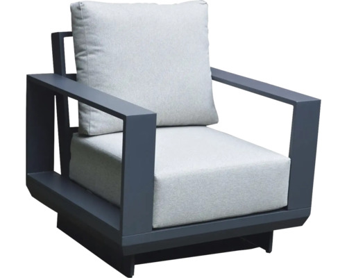 Záhradné kreslo so sivým polstrovaním a rámom