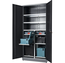 Otvorená skriňa na náradie s policami a boxmi na náradie