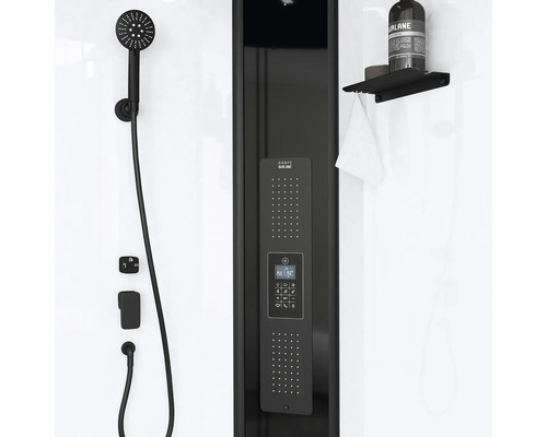 Sprchový panel s ručnou sprchou, ovládacími prvkami a odkladacou policou v kúpeľni