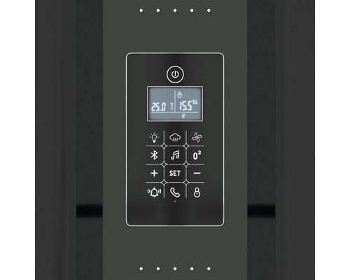 Ovládací panel s rôznymi ovládacími prvkami, ako je svetlo, zvuk a nastavenie teploty.