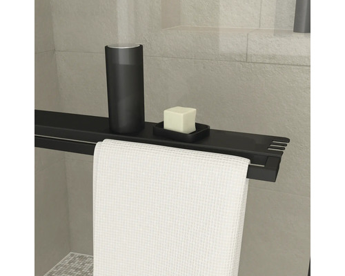 Čierna sprchová polica s držiakom na uteráky, dávkovačom mydla a mydlom