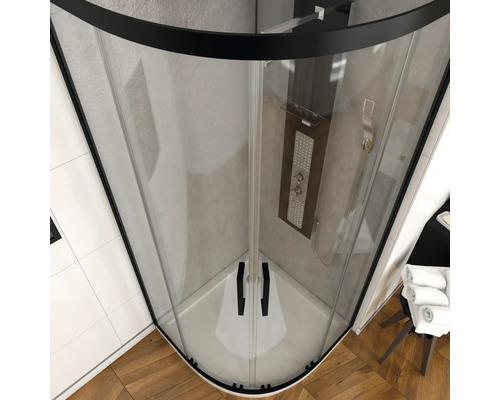 Rohová sprcha s sprchovým panelom v kúpeľni