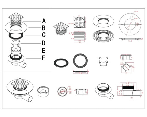 Technický nákres podlahovej vpuste s rôznymi pohľadmi a rozmermi.