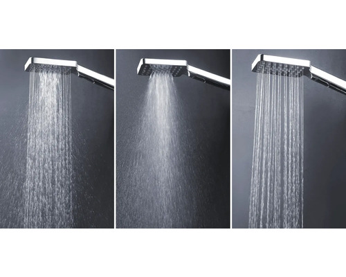 Tri obrázky sprchovej hlavice s rôznymi typmi prúdu.