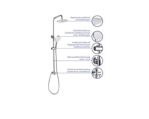 Sprchový stĺp s hlavovou sprchou, ručnou sprchou a sprchovou tyčou z nehrdzavejúcej ocele