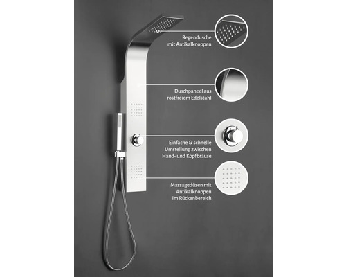 Sprchový panel s hornou sprchou, ručnou sprchou a masážnymi tryskami