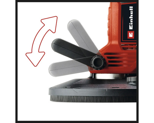 Detailný záber drážkovacej frézy Einhell so sklopnou rukoväťou a červenou šípkou znázorňujúcou otáčanie rukoväte. Viditeľné logo Einhell.