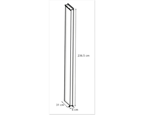 Na obrázku je regál vysoký 236,5 cm, široký 31 cm a hlboký 6 cm.