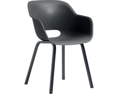 Čierna plastová stolička s podrúčkami a kovovými nohami