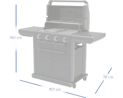 Plynový gril s rozmermi výška 150 cm, šírka 157 cm, hĺbka 70 cm