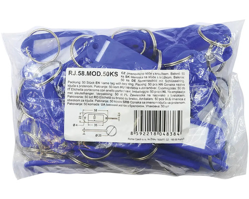 Balenie 50 modrých menoviek na kľúče s krúžkom