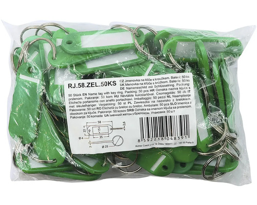 Balenie 50 zelených kľúčeniek s popisovacím poľom a krúžkom na kľúče