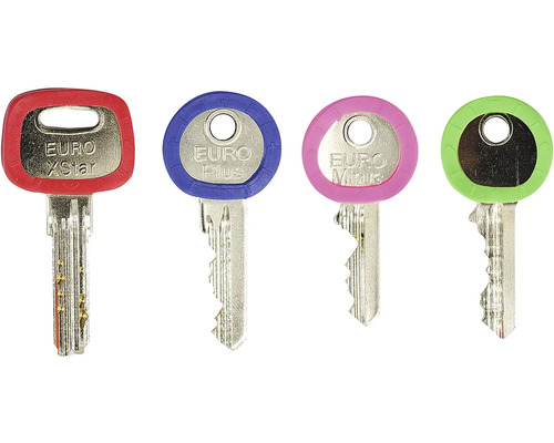 Štyri kľúče s farebnými rúčkami: Euro XStar, Euro Plus, Euro Minus
