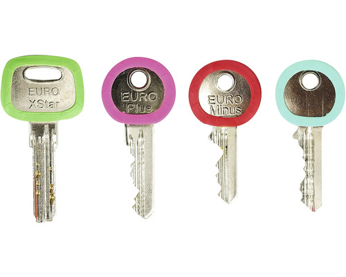 Štyri kľúče s farebnými rukoväťami a nápismi EURO XStar, EURO Plus, EURO Minus