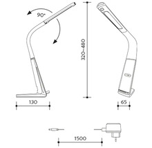 Technický nákres stolnej lampy s rozmermi výška 320 až 480 mm, hĺbka 130 mm, šírka 65 mm a dĺžka kábla 1500 mm