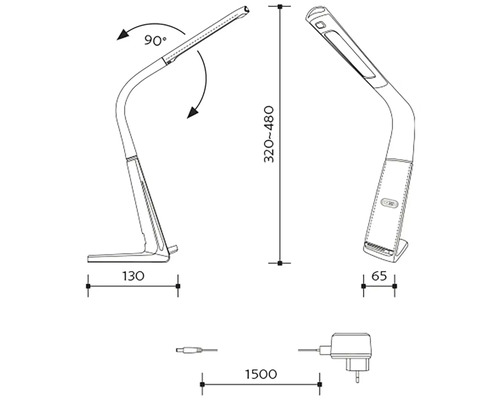 Technický nákres stolnej lampy s rozmermi výška 320 až 480 mm, hĺbka 130 mm, šírka 65 mm a dĺžka kábla 1500 mm