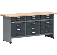 Pracovný stôl so zásuvkami a drevenou pracovnou doskou.