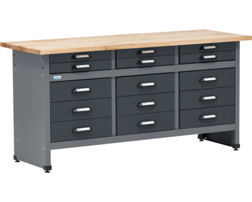 Pracovný stôl so zásuvkami a drevenou pracovnou doskou.